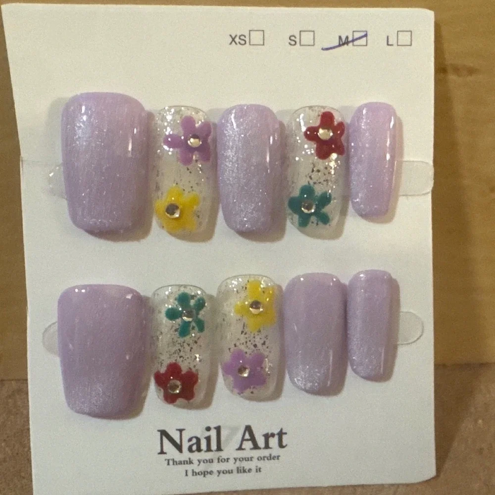 Lavender Purple Cat Eye Press On Nails Square Flower Rhinestone Set Size M